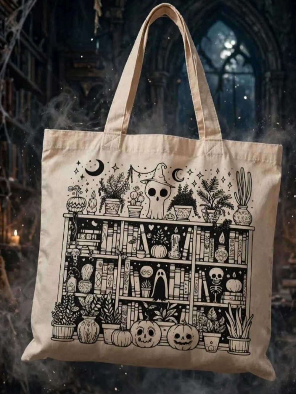 Halloween Bookcase Canvas Tote Bag - Black Print on Natural